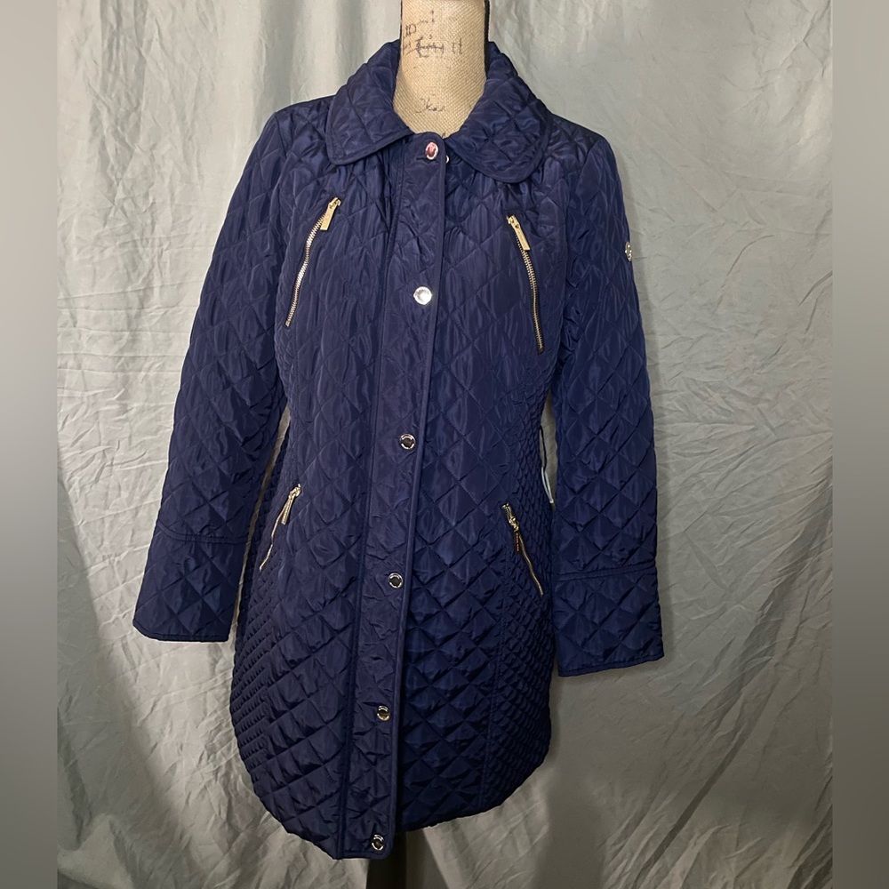 Micheal Kors Navy Blue Quilted Coat Gold Accents